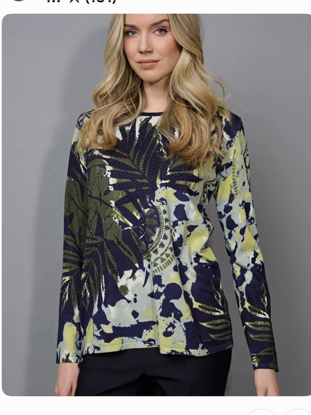 Picadilly Fashion Embellished Crew-Neck Leaf-Printed Top Black/Green XL $25 BNWT